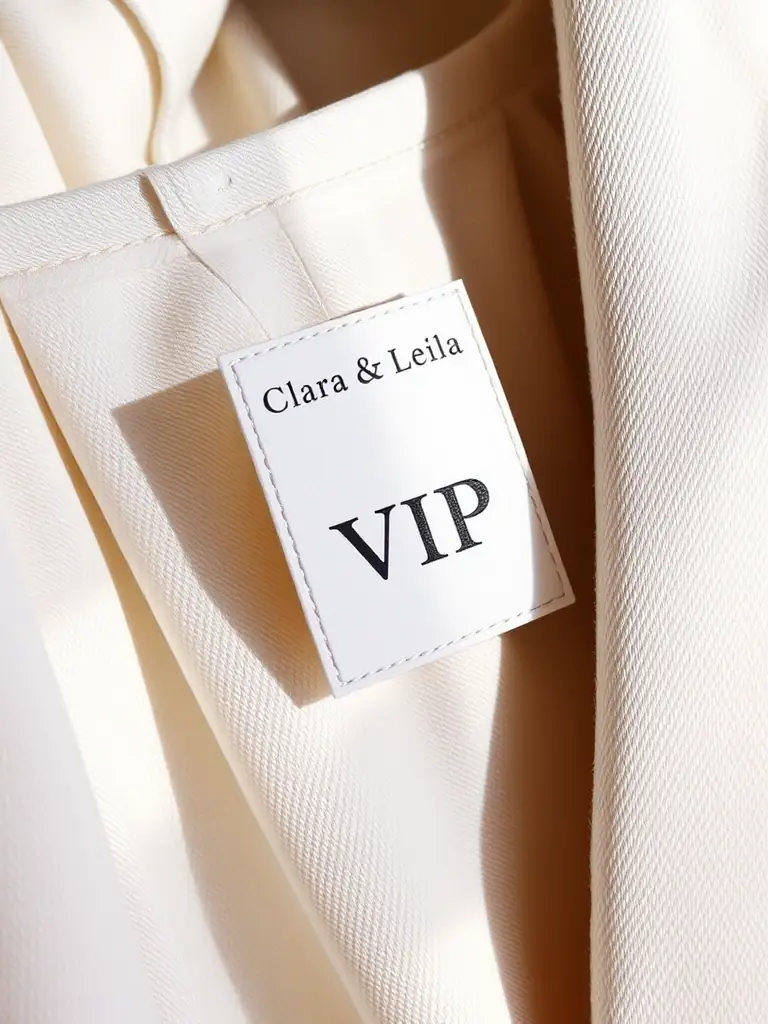 A close-up shot of a Clara & Leila garment tag with a prominent 'VIP' or 'Member Exclusive' label, emphasizing the exclusivity of the membership.