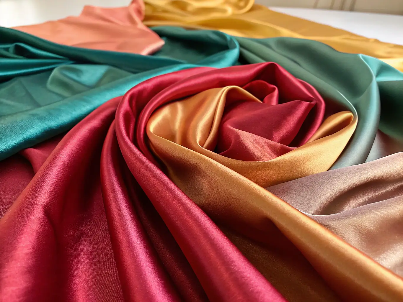 A close-up shot of a luxurious fabric swatch, highlighting the texture and quality, with a blurred background of new Clara & Leila collection pieces.