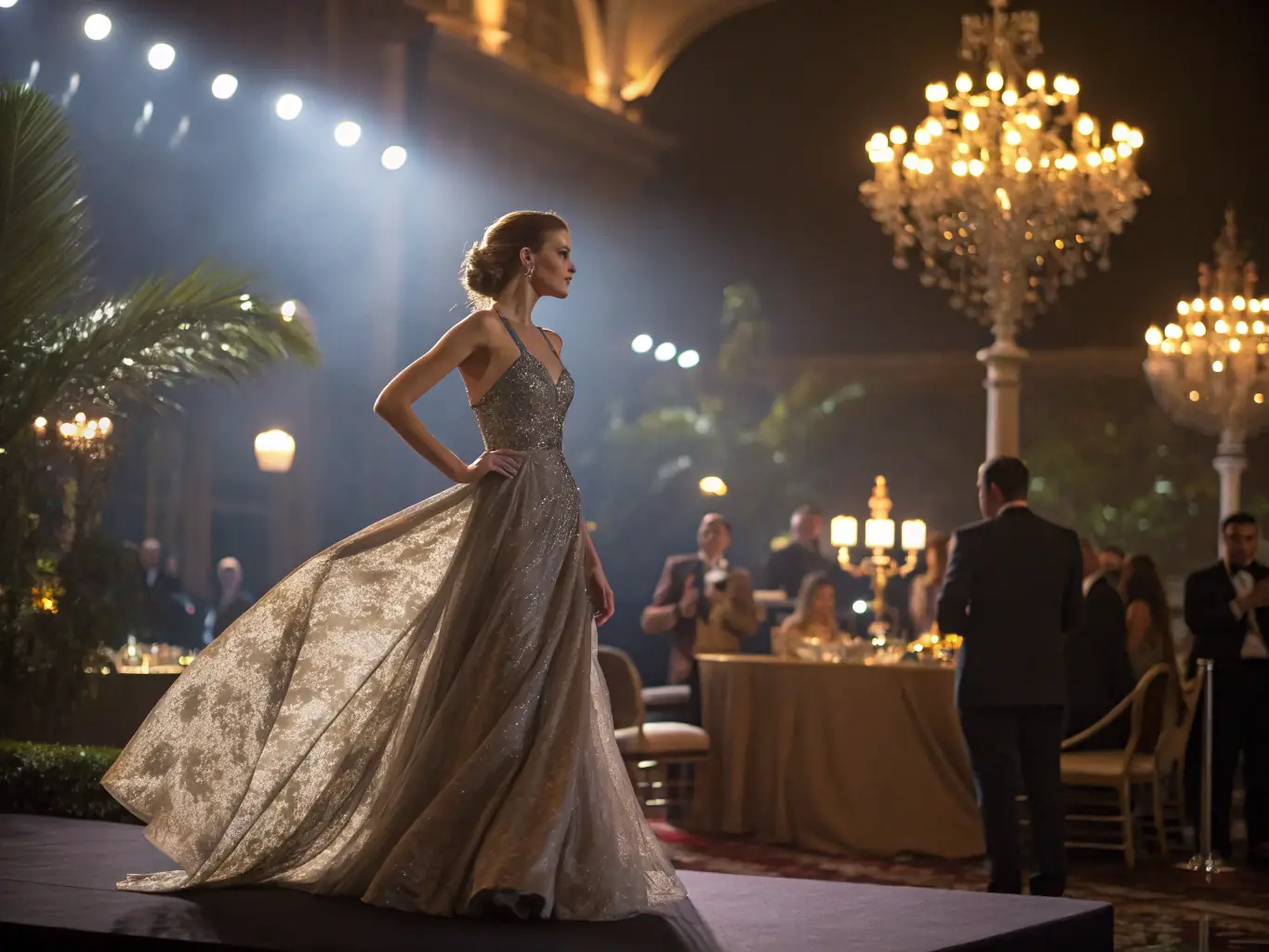 A woman elegantly dressed in a Clara & Leila outfit, attending an exclusive event, with a focus on the sophisticated atmosphere and the woman's confident demeanor.